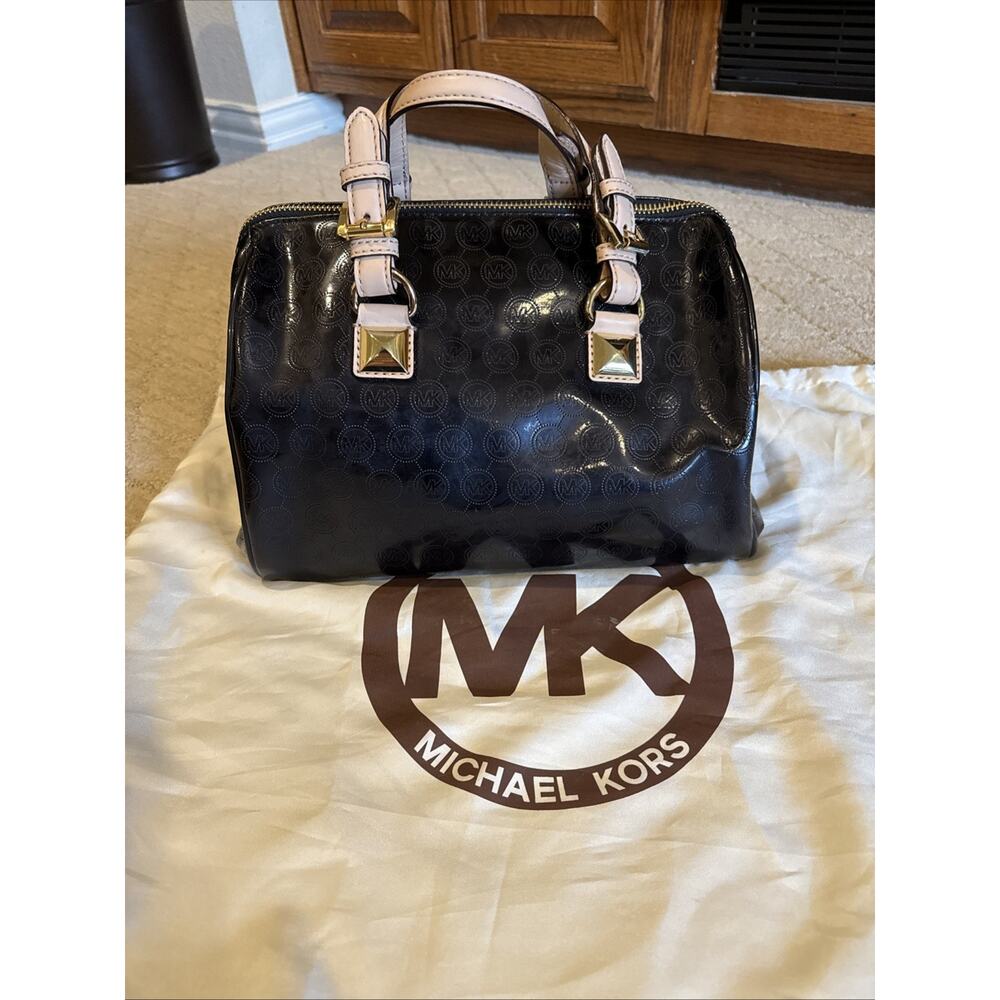 Michael Kors Grayson Black Patent Leather Satchel MK Logo Monogram Handbag Purse - Picture 2 of 10